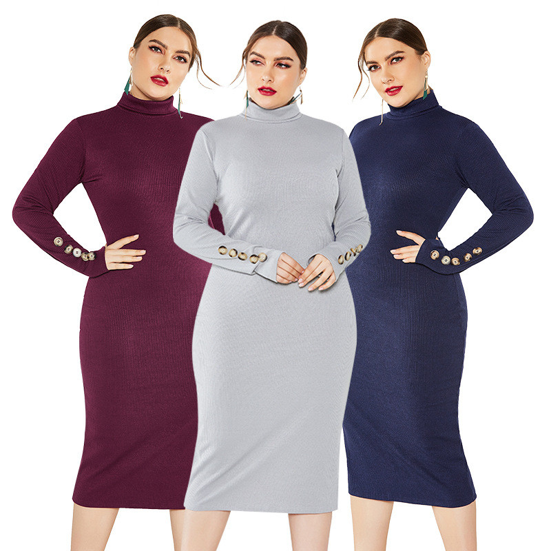 Winter Sweater Long Sleeve Slim High Neck Knit Dress Plus Size Clothing Wholesale Vendors