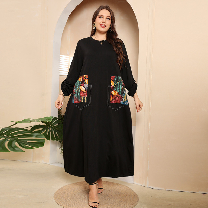Trendy Plus Size Clothing Wholesale Loose Black Long Fall Dress for Big Women Pockets