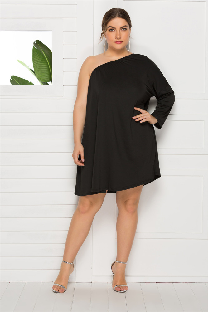 Wholesale Plus Size Clothing Bulk One Shoulder Summer Large Women Mini Dress Black