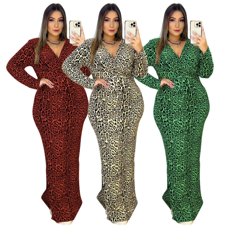 Fall Leopard Print Plus Size Bodycon Maxi Dress V-neck Long-Sleeved Fit Hip Wholesaler