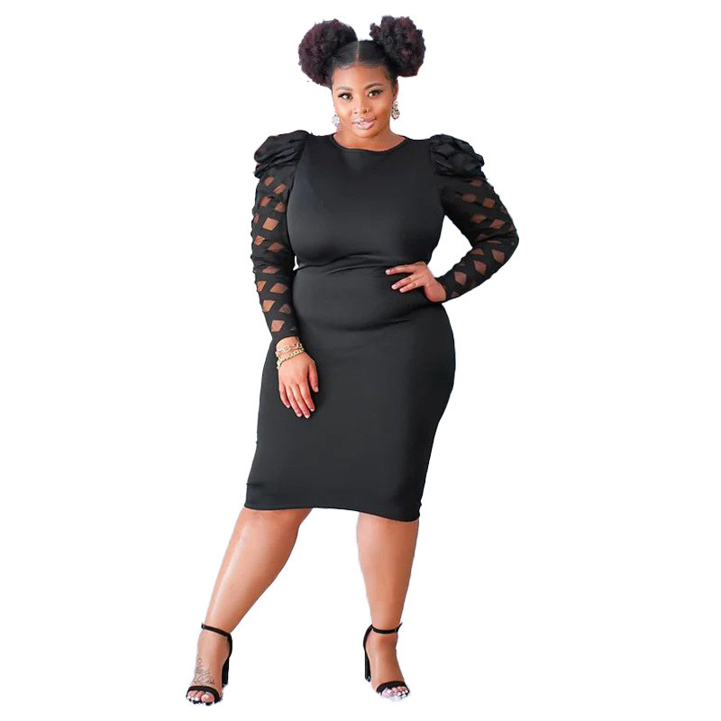New Plus Size Fall Women Dress Bodycon Hollow Out Long Sleeve Black Dropshipping