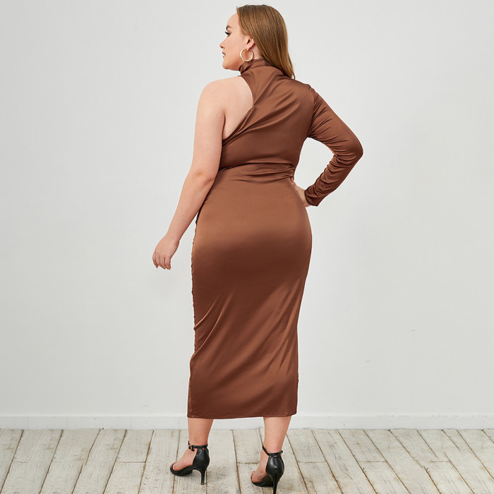 Custom Made Plus Size Dresses Winter High Neck One Sleeve Solid Brown Manufacturer