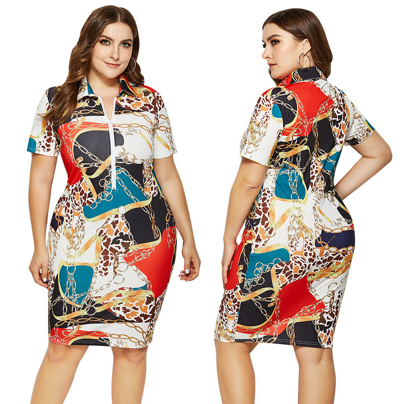 Wholesale Womens Clothing Front Zipper Plus Size Print Bodycon Dress Short Sleeve Supplier