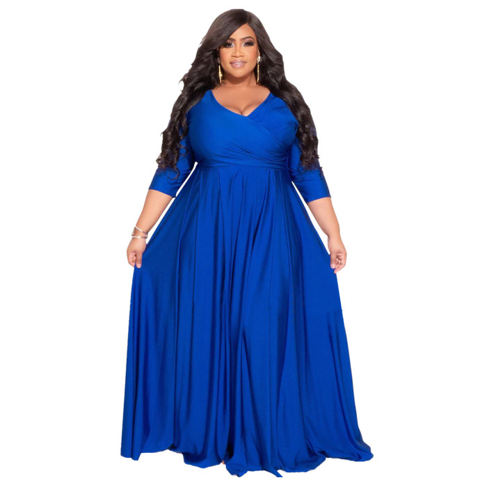 Wholesale Plus Dresses Maxi Long Sleeve V Neck Solid Color Fall Fat Women Clothes Supplier