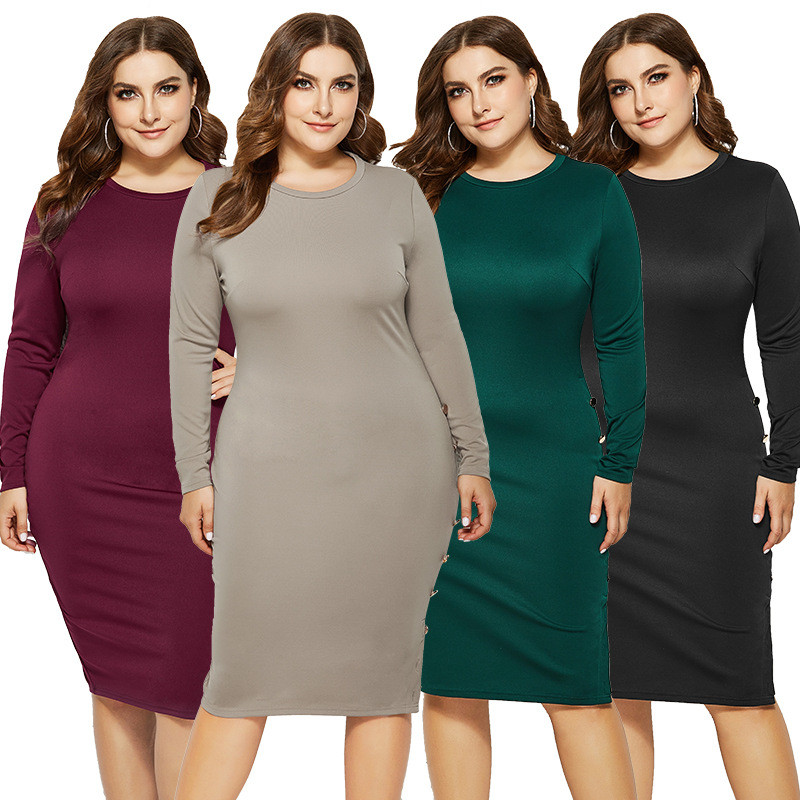 Wholesale Plus Size Clothing Suppliers Winter Big Women Dress Long Sleeve Solid Buttons