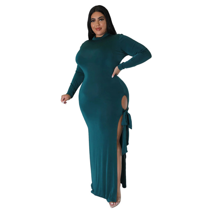 Wholesale Plus Size Bodycon Dresses Winter Long Sleeve High Leg Slit Maxi Stetch