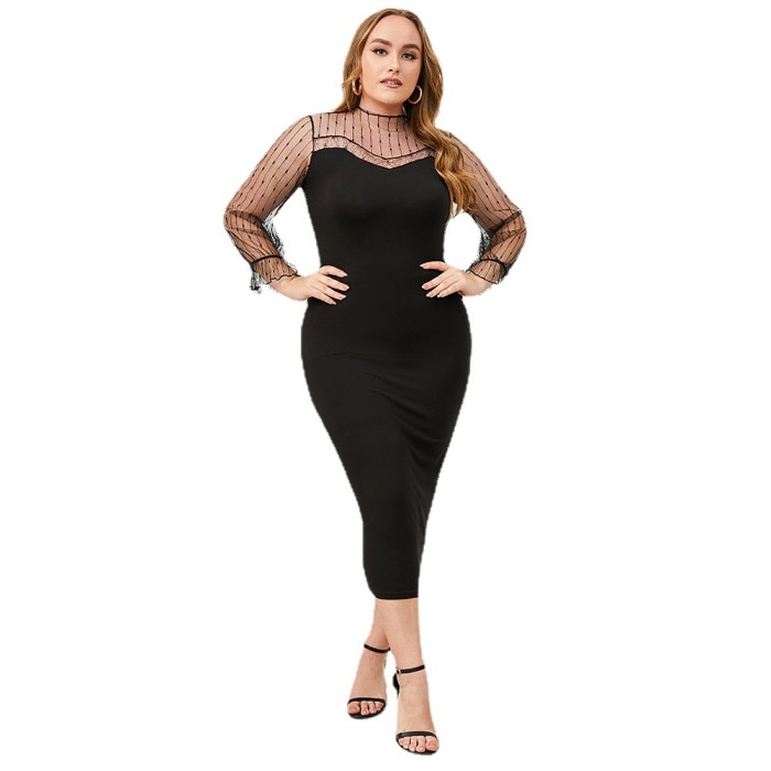 Custom Logo Fall Plus Size Club Dresses Wholesale Black Elegant Mesh Sleeve Slim Tight