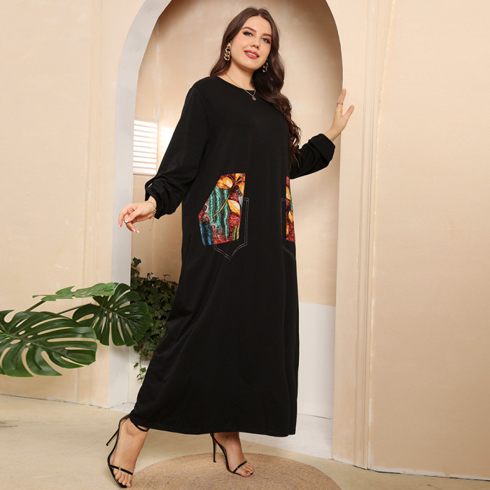 Trendy Plus Size Clothing Wholesale Loose Black Long Fall Dress for Big Women Pockets