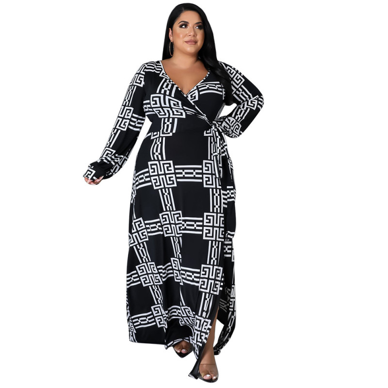 Wholesale Suppliers for Plus Size Dress Floral Print Fall Full Sleeve V Neck Big Women