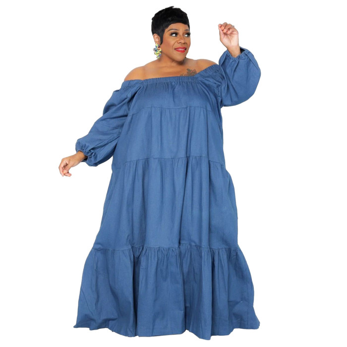 Wholesale Bulk Large Size Ruffled Dress Solid Color Denim Swing Hem for Plus Women
