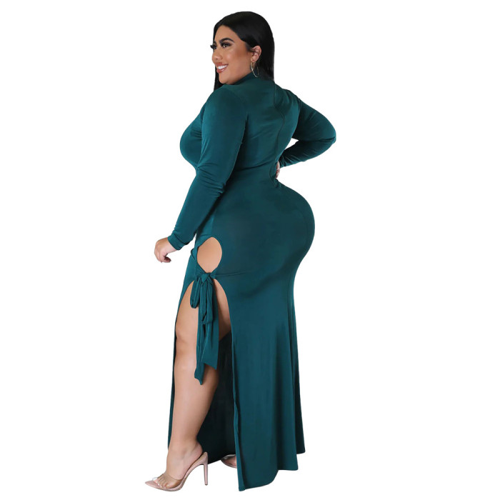 Wholesale Plus Size Bodycon Dresses Winter Long Sleeve High Leg Slit Maxi Stetch