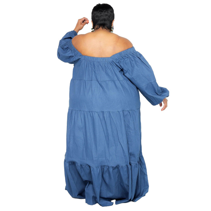 Wholesale Bulk Large Size Ruffled Dress Solid Color Denim Swing Hem for Plus Women