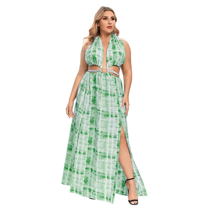 Summer Plus Size Dress Wholesale Print Maxi Dress Plunge Backless Halter High Slit Leg