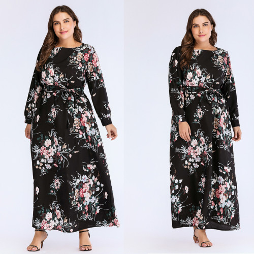 Wholesale Plus Size Womens Clothing Fall Floal Print Fat Women Maxi Dress Long Sleeve