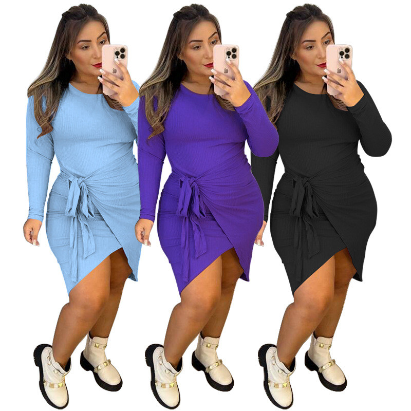 Factory Price Plus Size Ribbed Fall Dress Tight Mini Asymmetrical Hem Long Sleeve Vendor