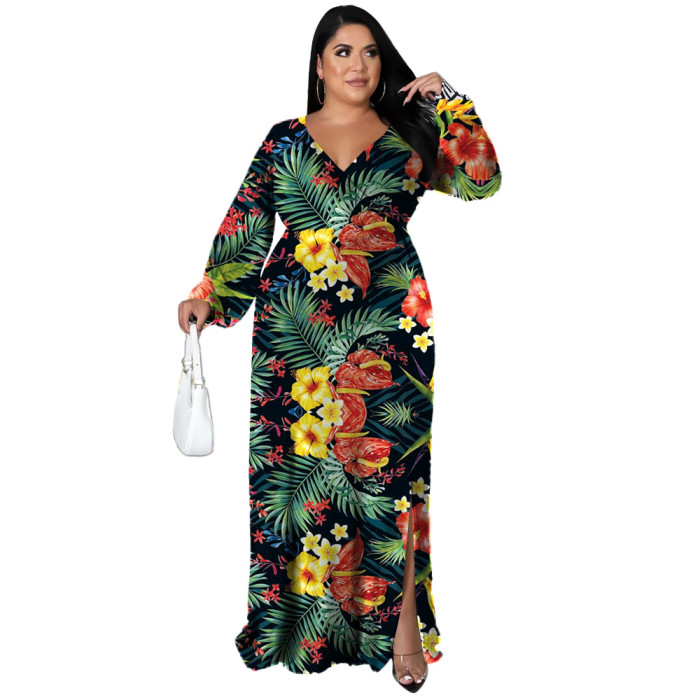 Wholesale Suppliers for Plus Size Dress Floral Print Fall Full Sleeve V Neck Big Women