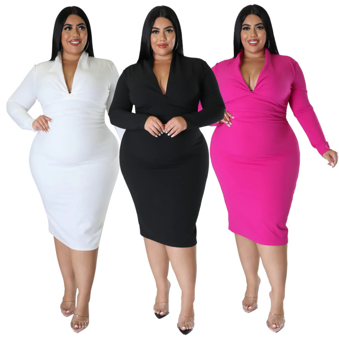 Wholesale In Bulk Plus Size Bodycon Dress Autumn Long Sleeve V Neck Manufacturer
