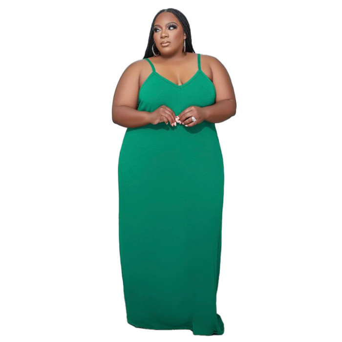 Custom Logo Plus Size Summer Dress Spaghetti Straps Side Pockets Loose Solid Color