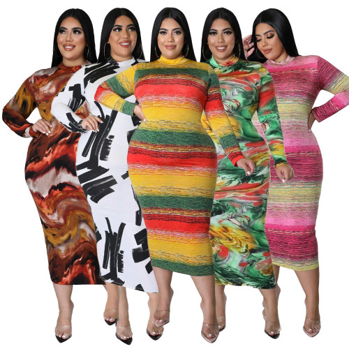 Wholesale New Fall Long Plus Size Bodycon Dress for Big Women Print Long Sleeve