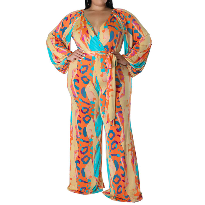 Best Price Large Size Jumpsuit Floral Print Milk Silk Fall Long Sleeve Lace-Up High Waist