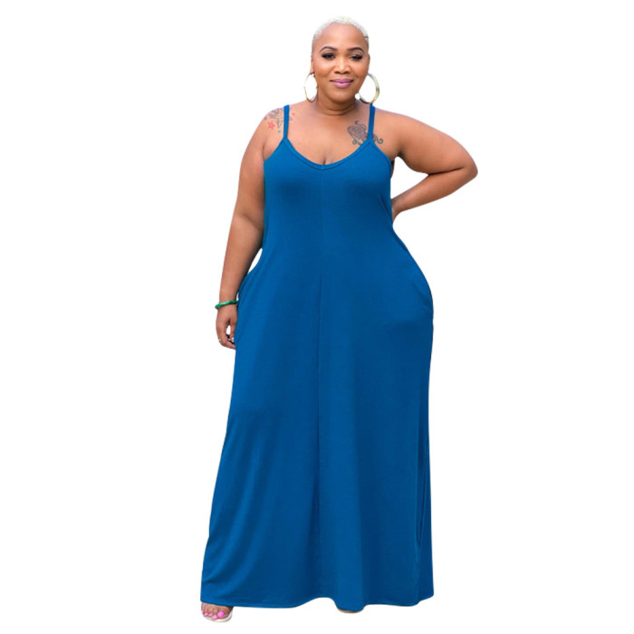 Custom Logo Plus Size Summer Dress Spaghetti Straps Side Pockets Loose Solid Color