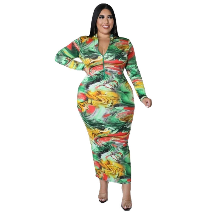 Wholesale New Fall Long Plus Size Bodycon Dress for Big Women Print Long Sleeve