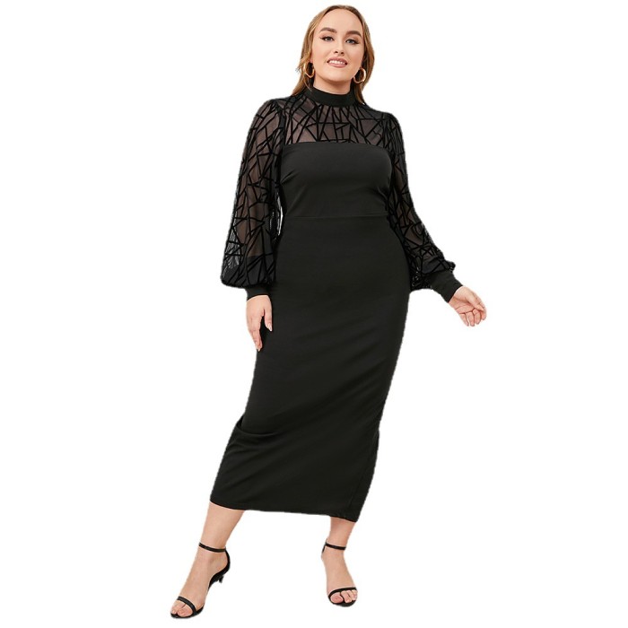 New Plus Size Fashion Dresses Wholesale Black Large Fall Bodycon Dress Mesh Sleeve
