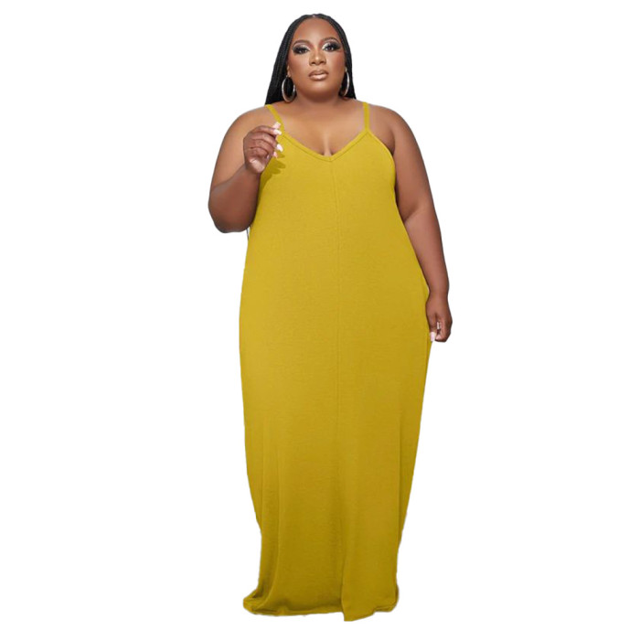 Custom Logo Plus Size Summer Dress Spaghetti Straps Side Pockets Loose Solid Color