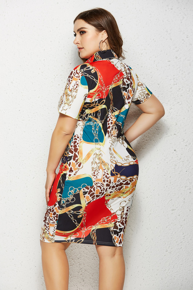 Wholesale Womens Clothing Front Zipper Plus Size Print Bodycon Dress Short Sleeve Supplier