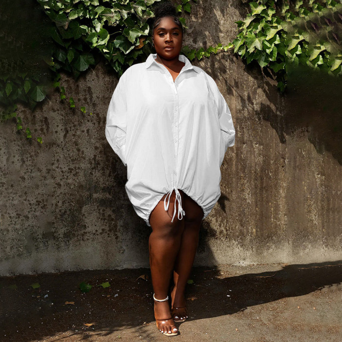 Wholesale Boutique Clothing Drawstring Plus Size Shirt Dress Solid Color Fall Full Sleeve