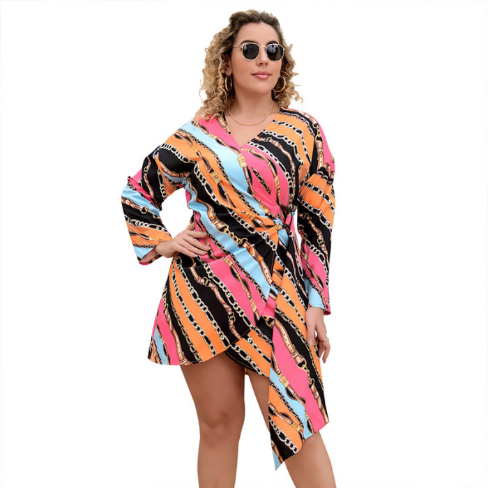 2022 Fall Fat Women Mini Dress Print Lace Up Long Sleeve Plus Size Wholesale Clothing Vendors
