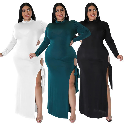 Wholesale Plus Size Bodycon Dresses Winter Long Sleeve High Leg Slit Maxi Stetch