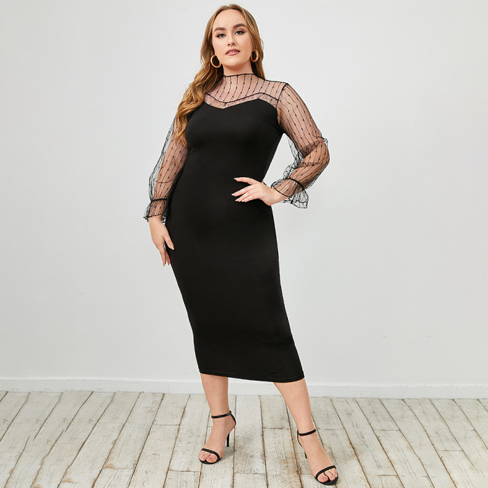 Custom Logo Fall Plus Size Club Dresses Wholesale Black Elegant Mesh Sleeve Slim Tight