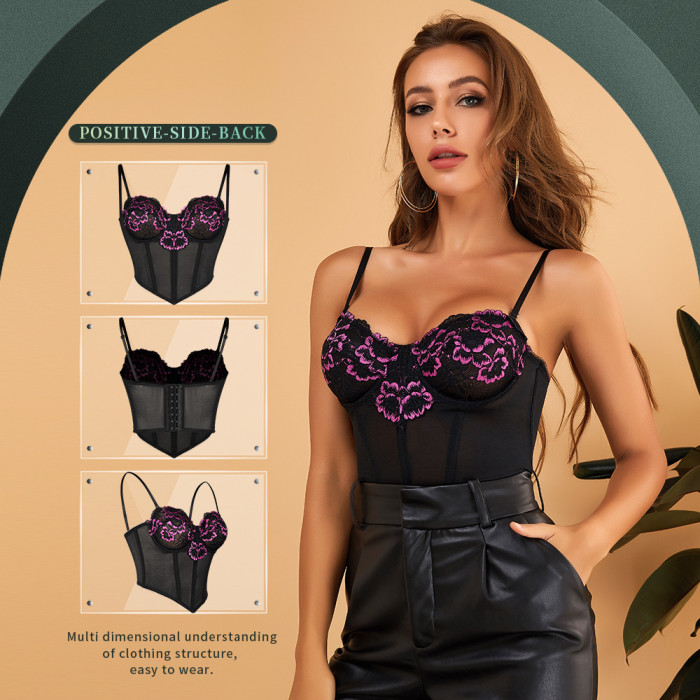 Wholesale Overbust Flower Bustier Underwire Bra Push Up Lace Crop Top Corset Cami