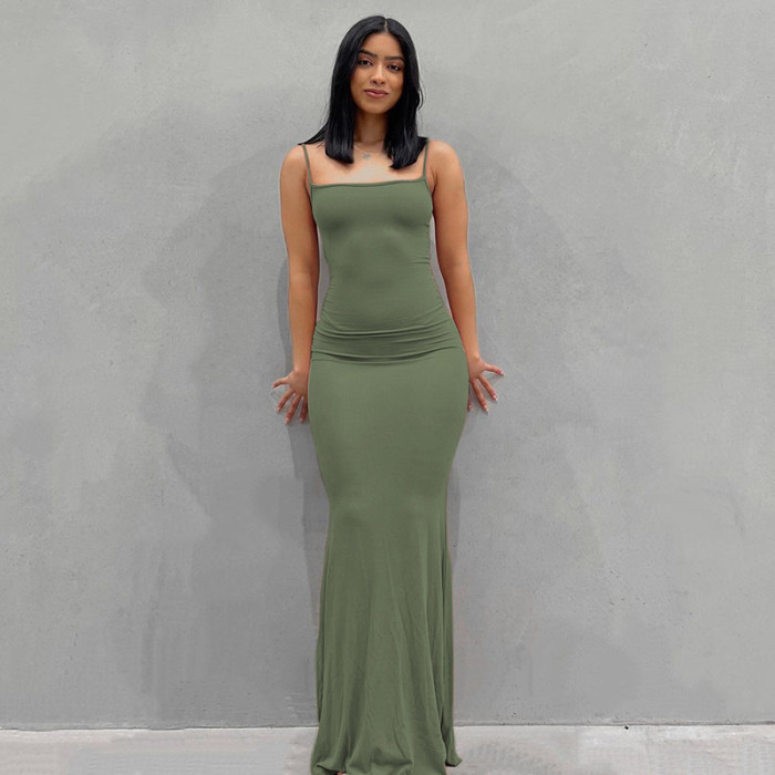 Wholesale Skims Maxi Dress Loungewear Straight Neck Spaghetti Straps Drapey Slip Dress