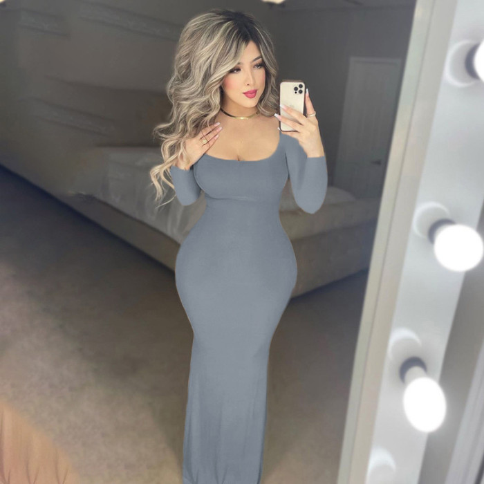 Wholesale Skims Maxi Dress Lounge Wear Long Sleeve Solid Color Slip Dress Stretchy