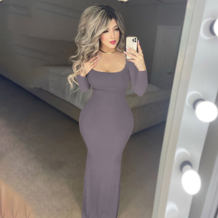 Wholesale Skims Maxi Dress Lounge Wear Long Sleeve Solid Color Slip Dress Stretchy