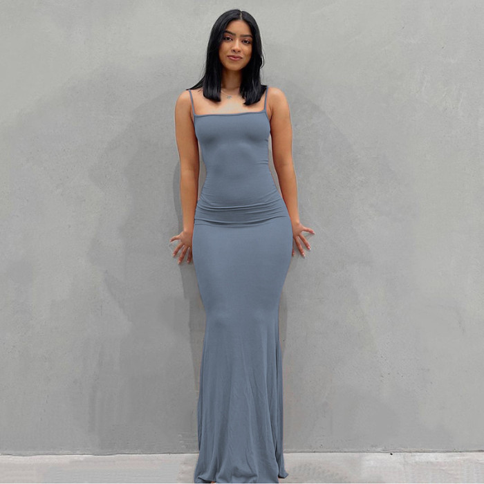 Wholesale Skims Maxi Dress Loungewear Straight Neck Spaghetti Straps Drapey Slip Dress