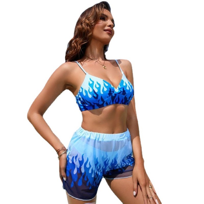 2023 Women Blue Three-Piece Bathing Suit Digital Printing with Mesh Shorts Manufacturer