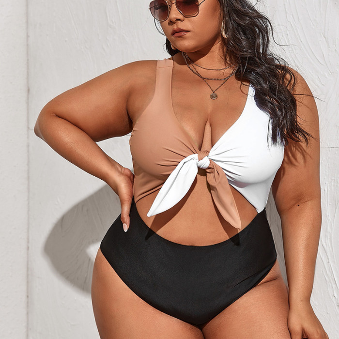 2023 Wholesale Plus Size One Piece Bathing Suit Monokini Front Knot High Waist Cutout