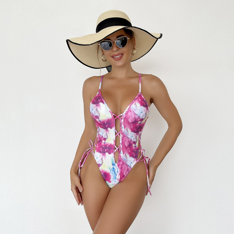 2023 Customized One Piece Bathing Suit Gradient Print Hollow Cross Lace-Up Supplier