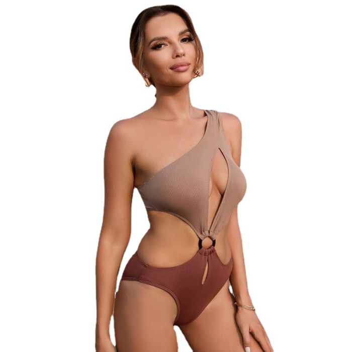 2023 Wholesale One Piece Swimwear Solid Color Push Up Hollow One Shoulder Monokini
