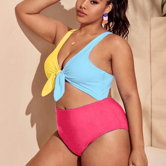 2023 Wholesale Plus Size One Piece Bathing Suit Monokini Front Knot High Waist Cutout