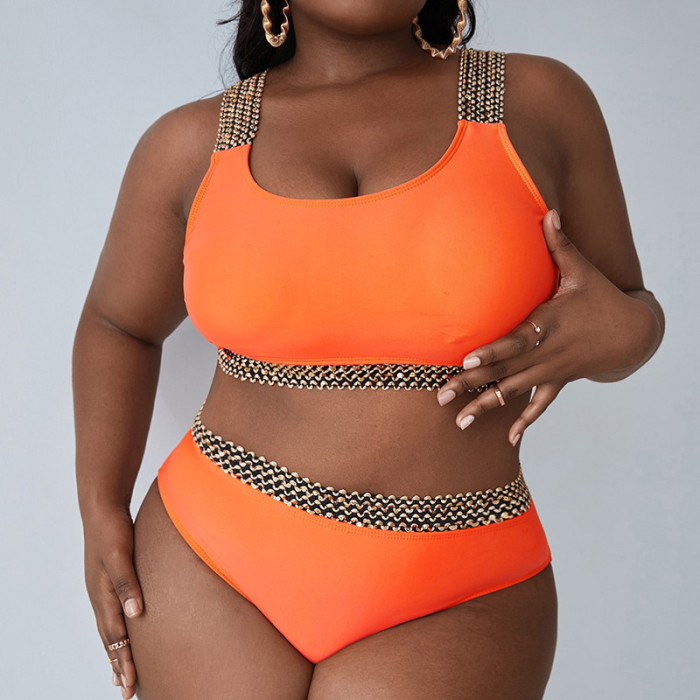 2023 Plus Size High Waisted 2 Piece Bikini Sets Metal Shoulder Straps Solid Orange Color