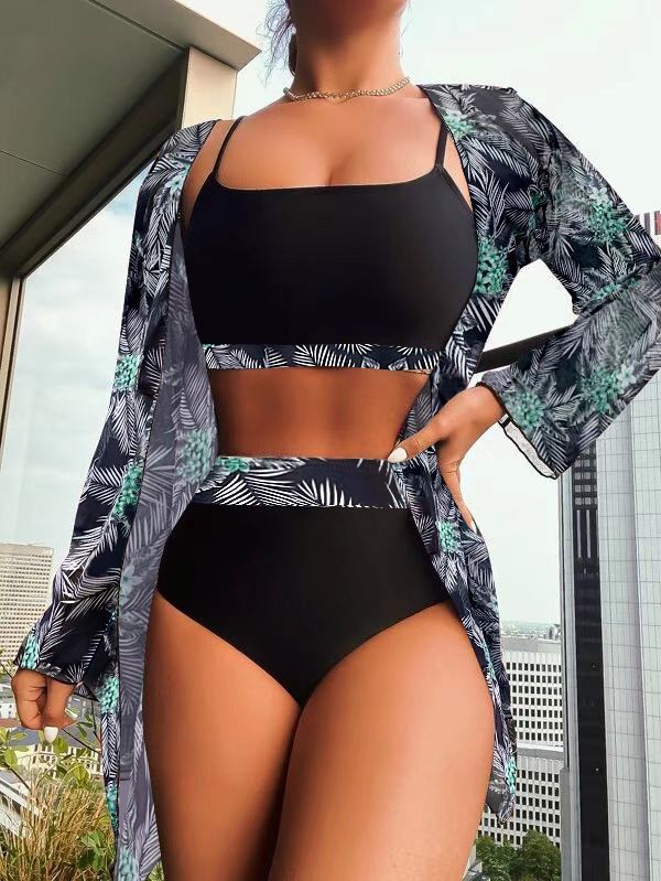 2023 Wholesale High Waist Bikini Set Three Piece Palm Tree Print Cover Ups Summer