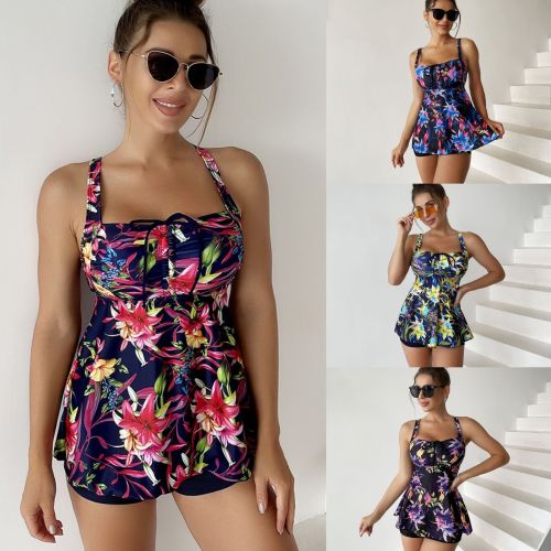 2023 Wholesale Swimsuit Floral Print Drawstring Push Up Tankini Set Amazon Swimwear