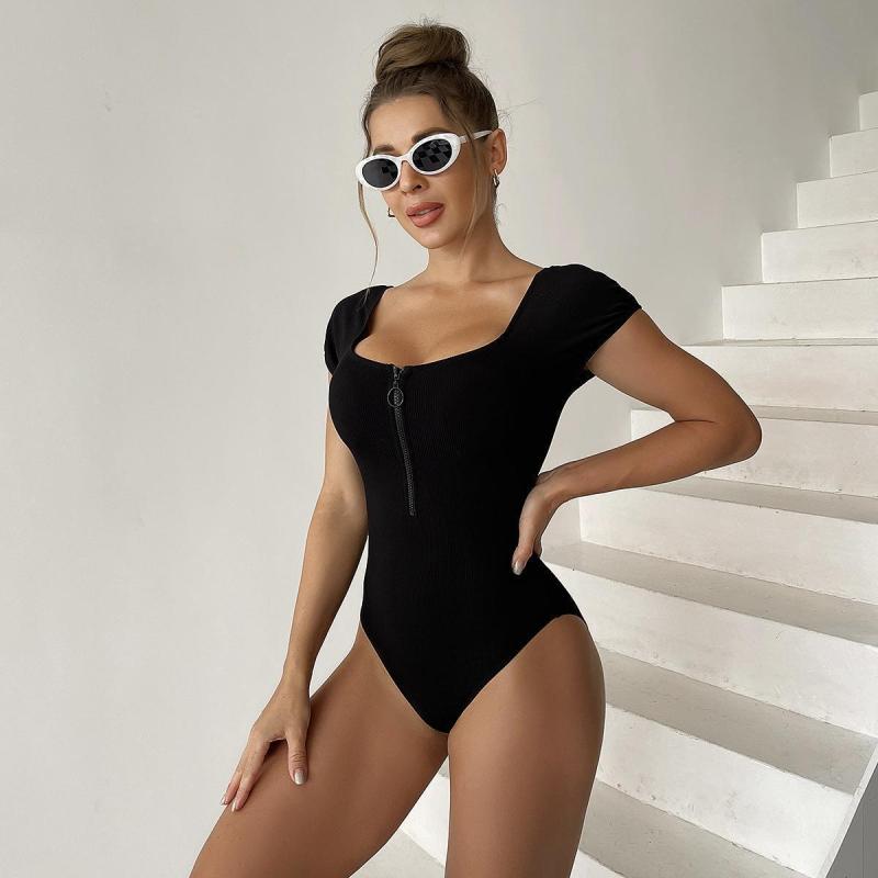 2023 Solid Black One Piece Swimsuit Ribbed Short Sleeve Front Zipper Manufacturer