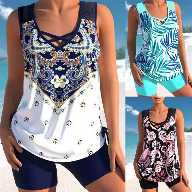 2023 Wholesale Print Tankini Set Two Piece Drawstring Side Tummy Hide and Beach Shorts