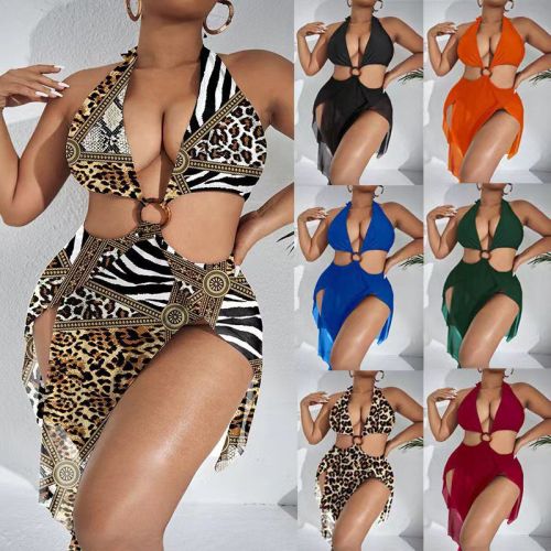 2023 Wholesale Leopard Print Bikini Set Halter Neck Push Up with Cover Up Skirt Plus Size