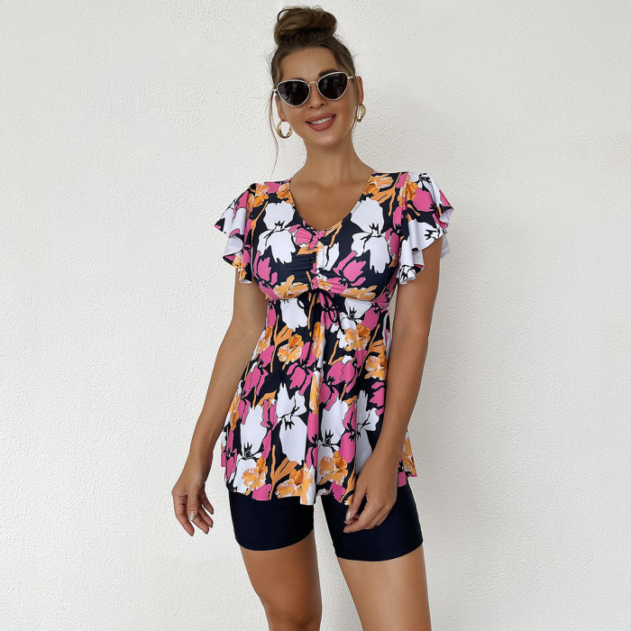 2023 New Tankini Supplier Floral Print Flounce Hem Swimsuit Two Piece with Beach Shorts